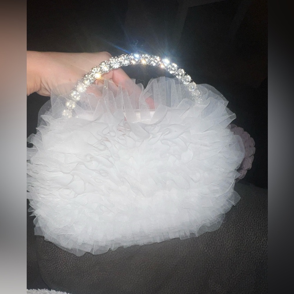 Elegant White Ruffled Handbag with Rhinestone Handle